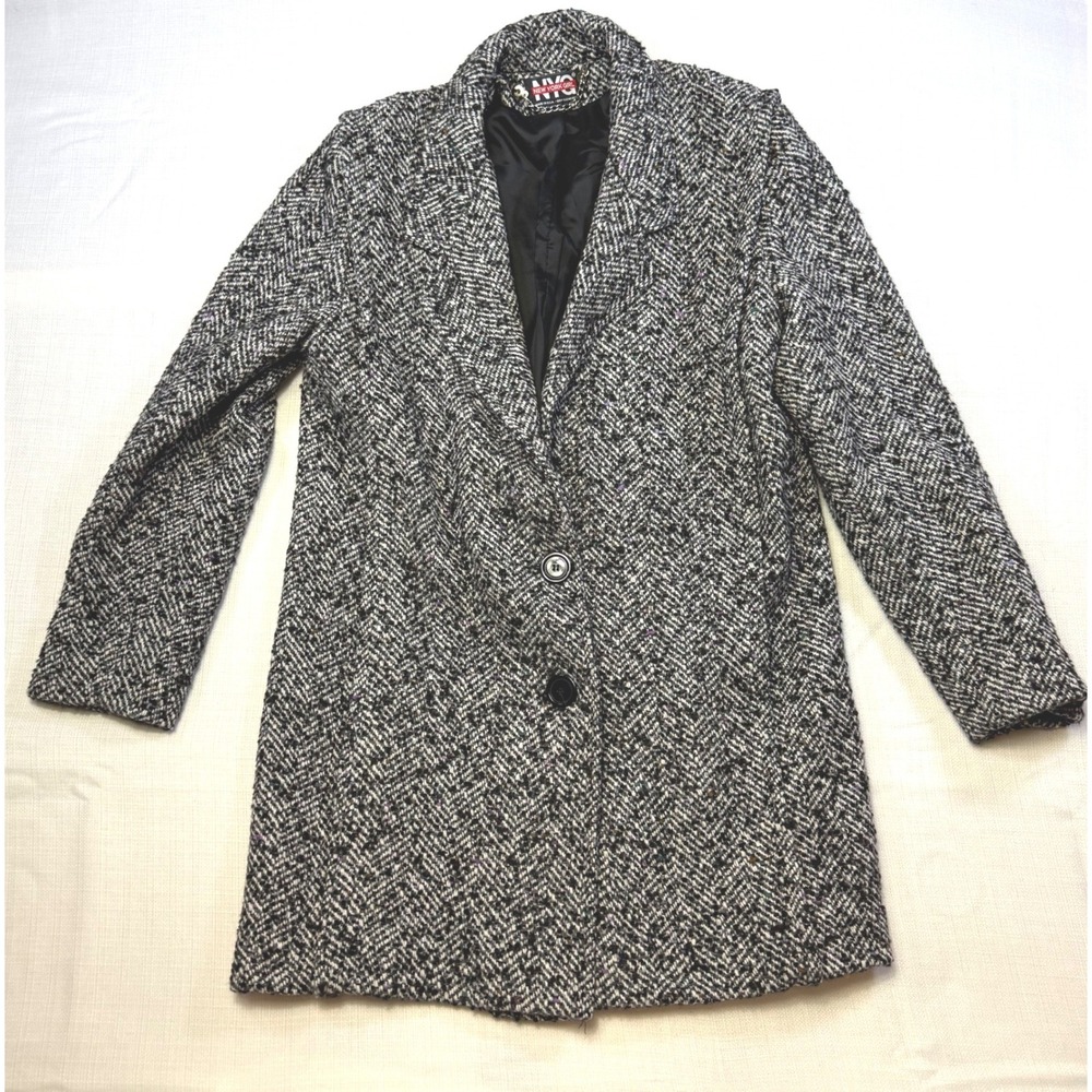VTG NYC New York Girl Tweed Coat‎ Jacket Black White Herringbone Size 8